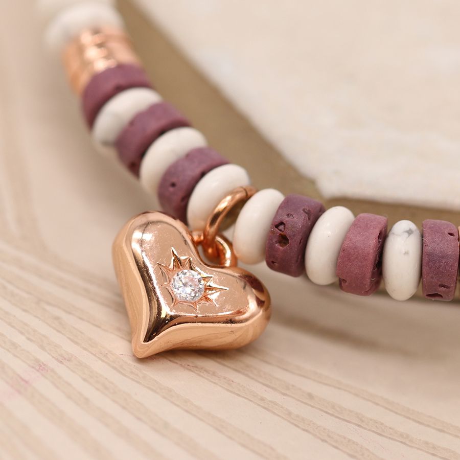Lilac mix bead bracelet with rose gold inset crystal heart charm