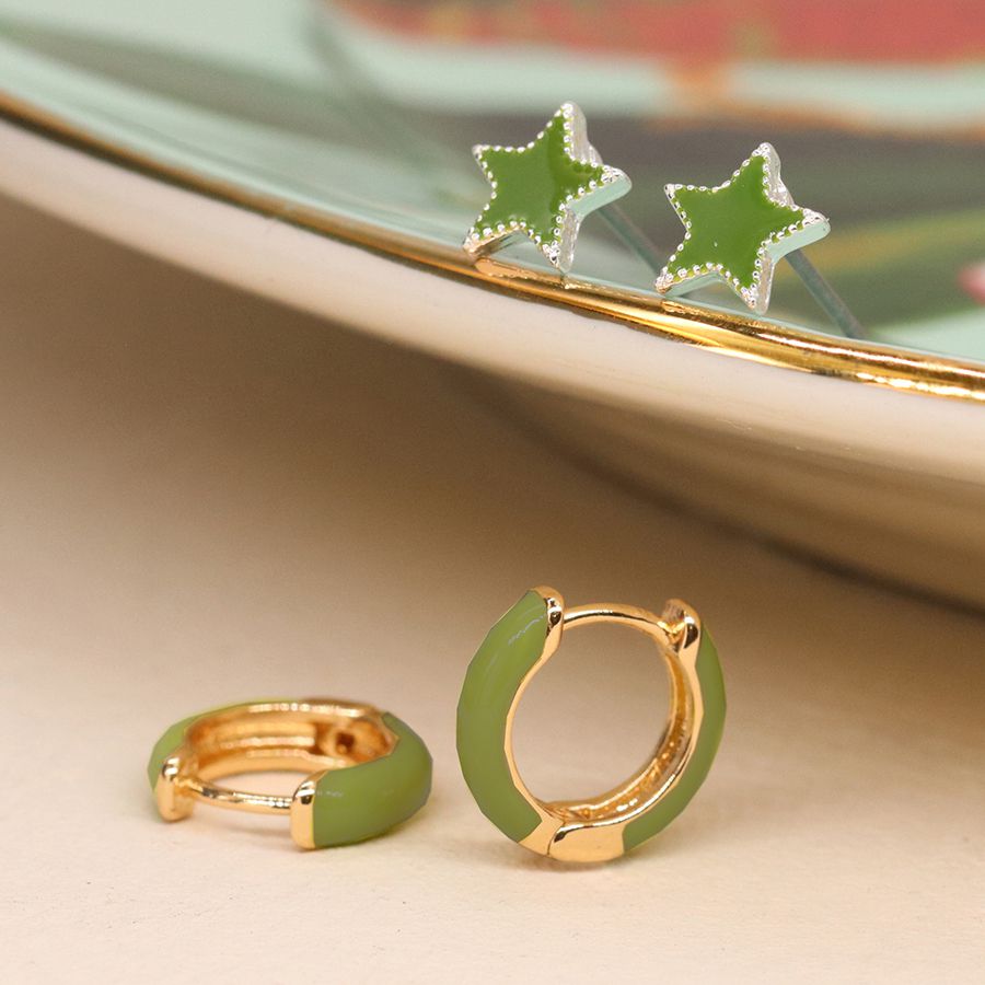 Golden and green enamel hoop and star earring duo