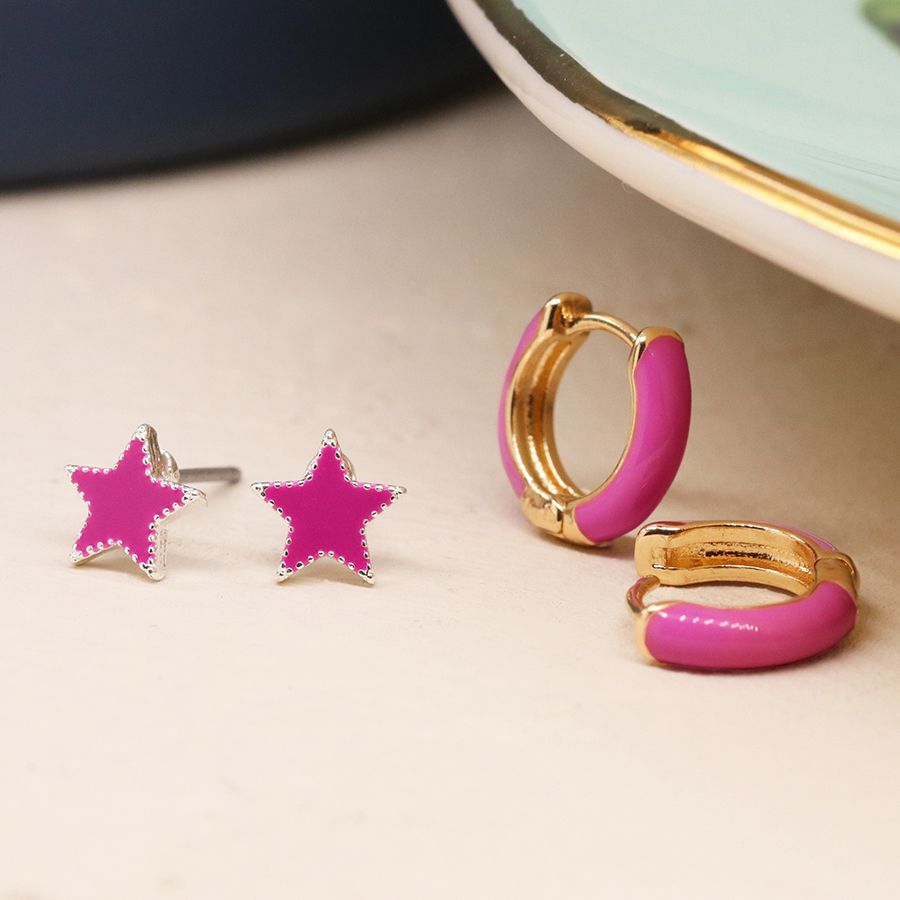 Golden and pink enamel hoop and star earring duo