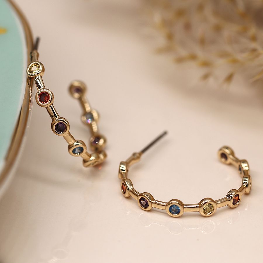 Golden open hoop bezel crystal earrings