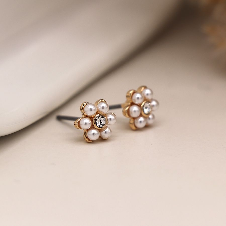 Faux gold plated pearl and crystal flower studs