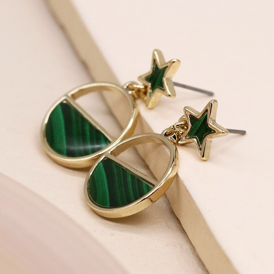 Golden and malachite green disc and star earrings