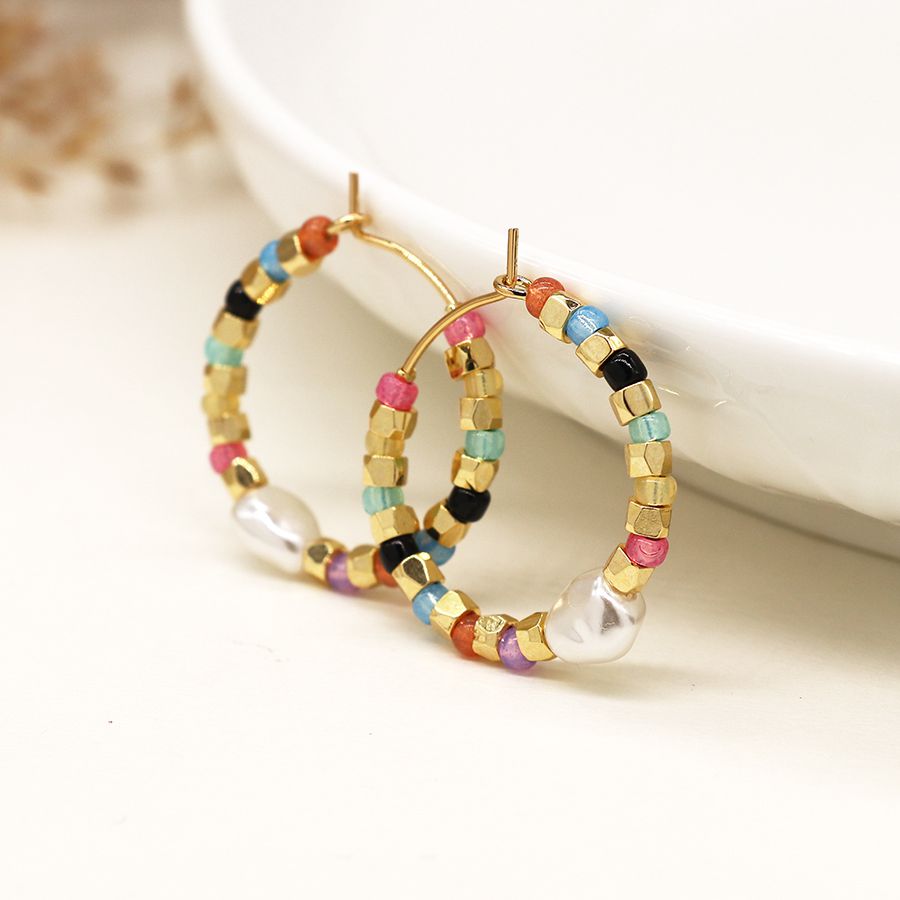 Multicolour glass bead, gold and pearl hoop earrings