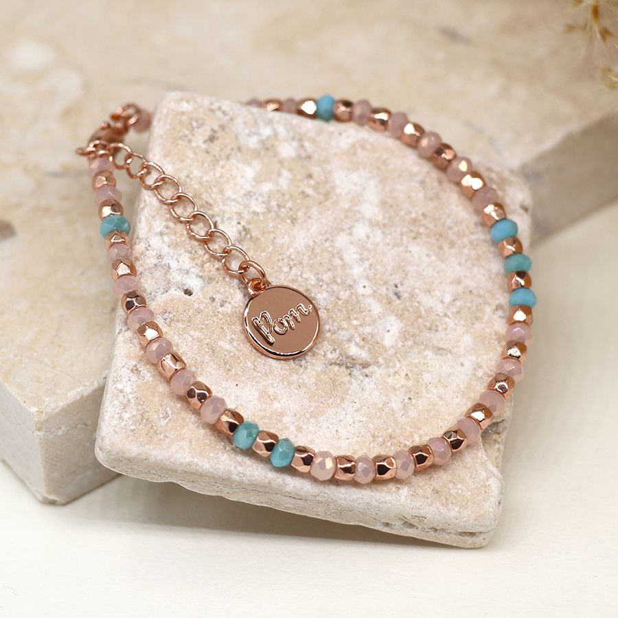 Lilac, aqua and rose gold faceted bead bracelet