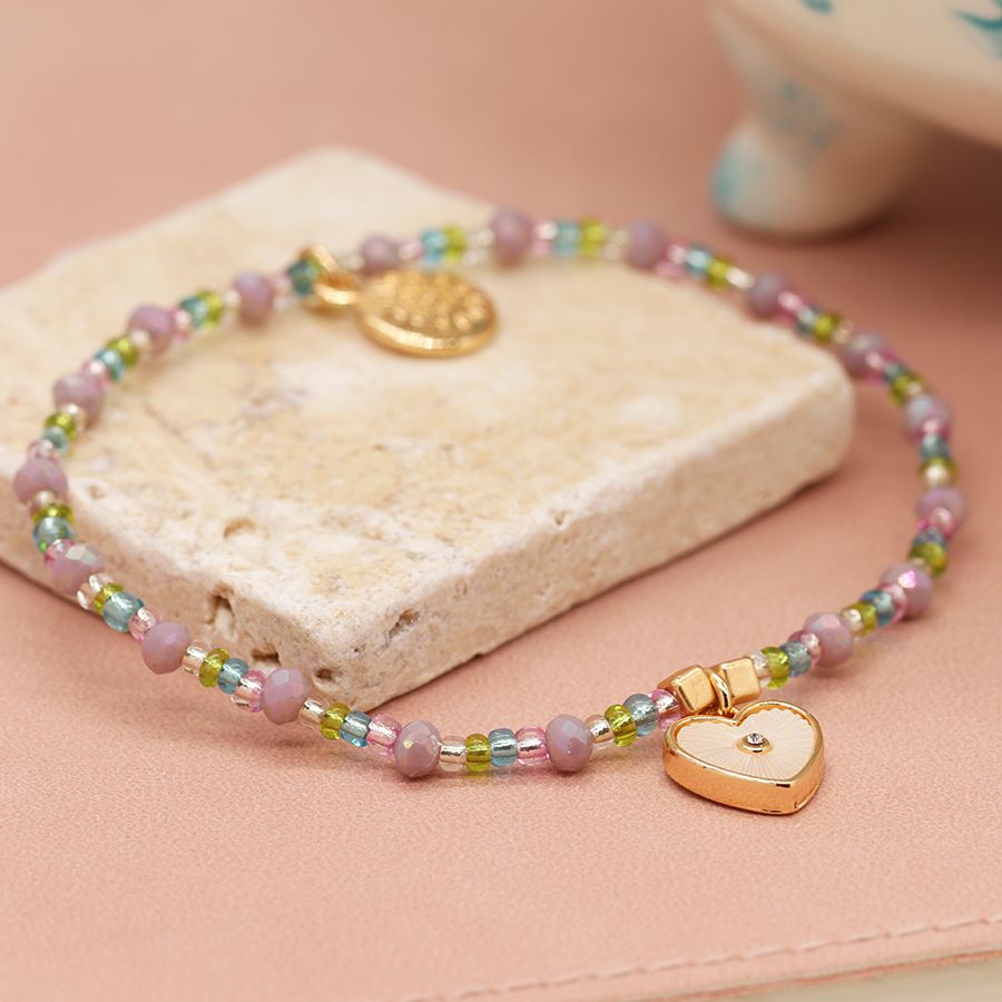 Pastel bead and shell heart charm bracelet