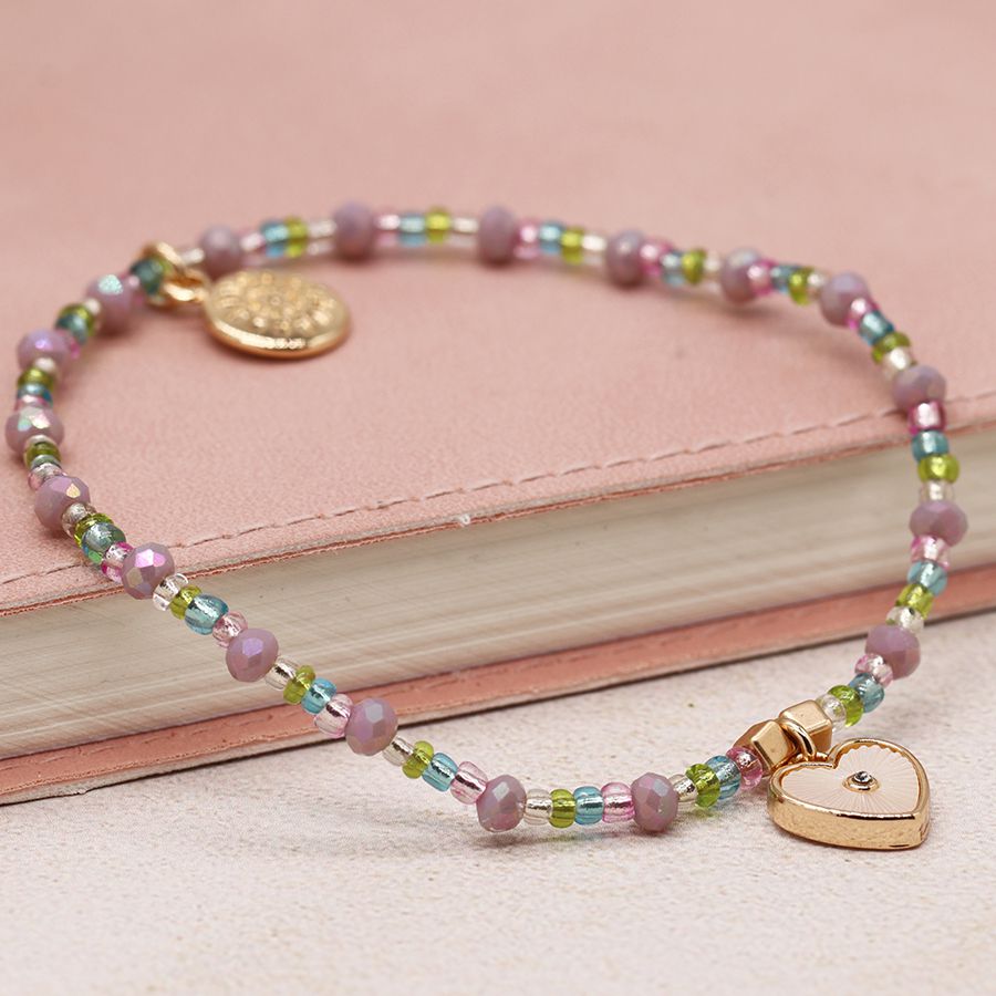 Pastel bead and shell heart charm bracelet