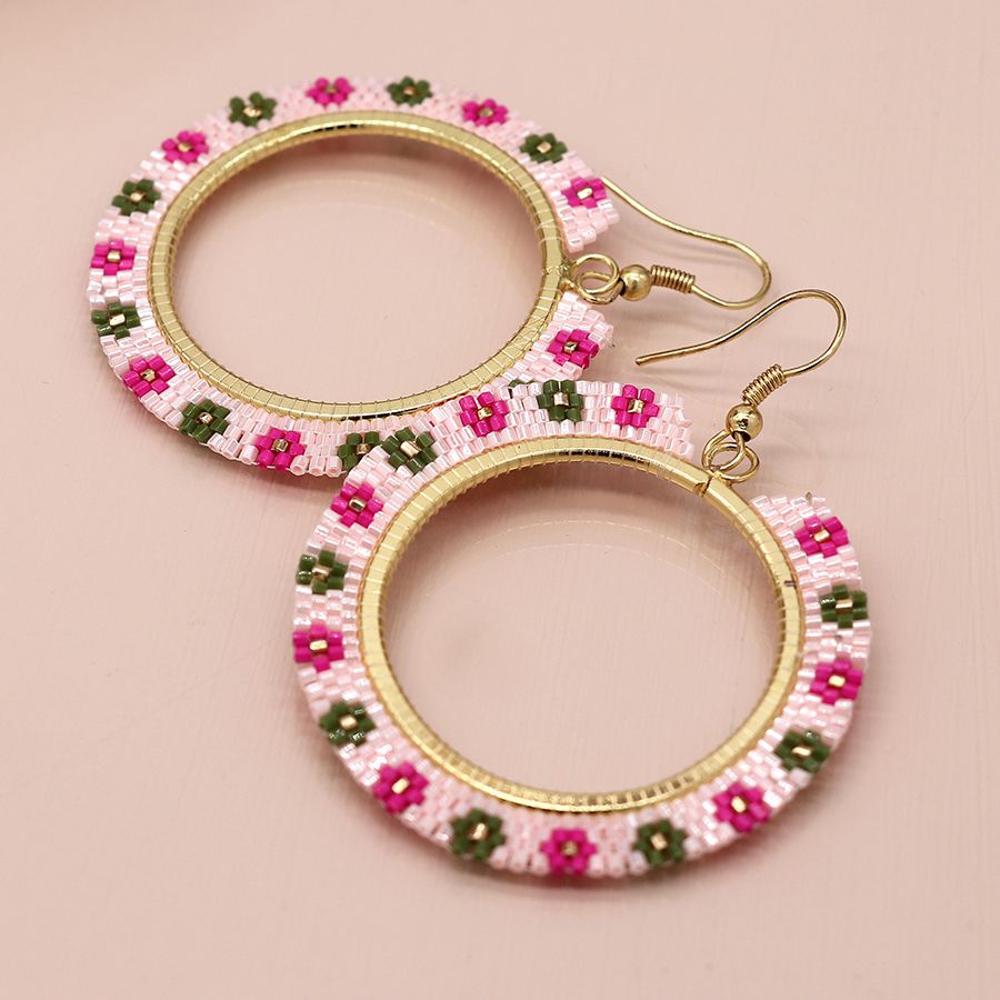 Pink mix beaded flower hoop drop earrings