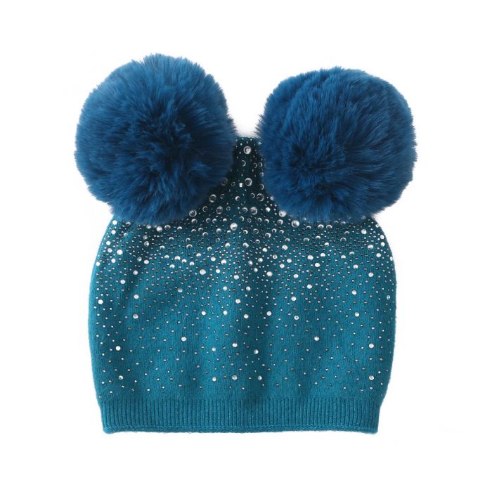 Double pompom wool hat in Blue