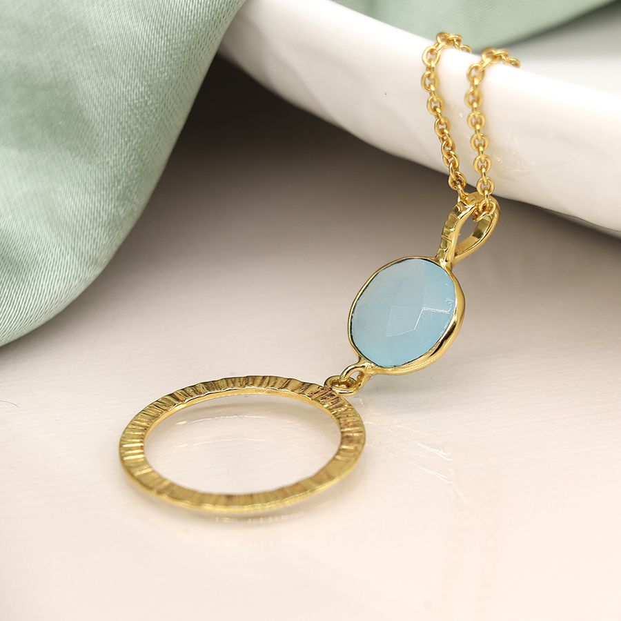 14K Gold plated chalcedony and textured hoop necklace