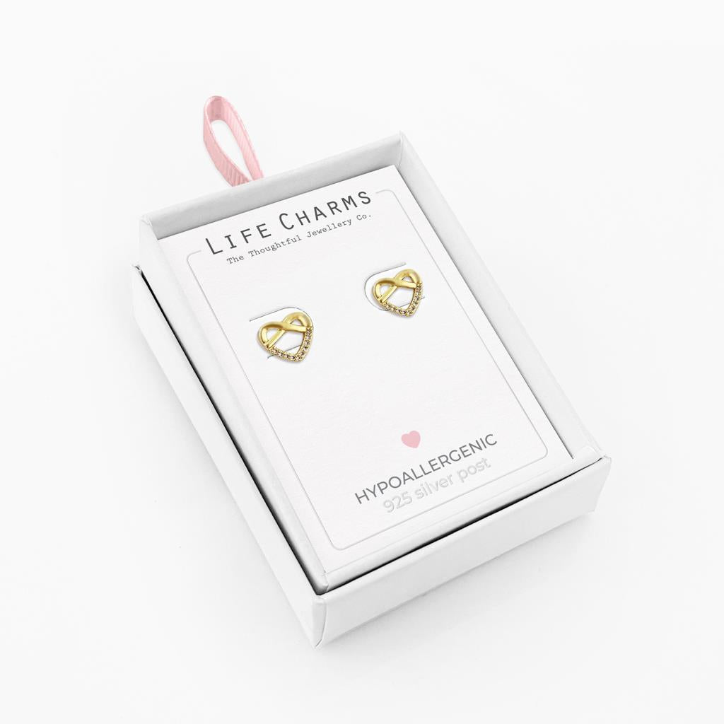 Gold infinity heart stud earrings