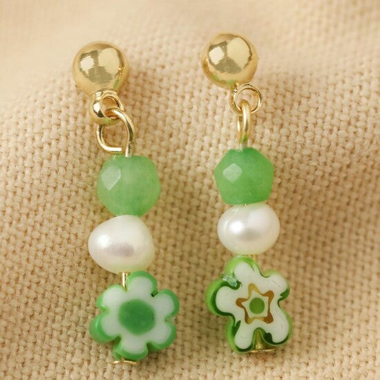 Millefiori green flower bead shop drop earrings