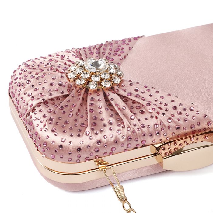 Crystal jewelled clutch bag with pleated satin bow in Pink