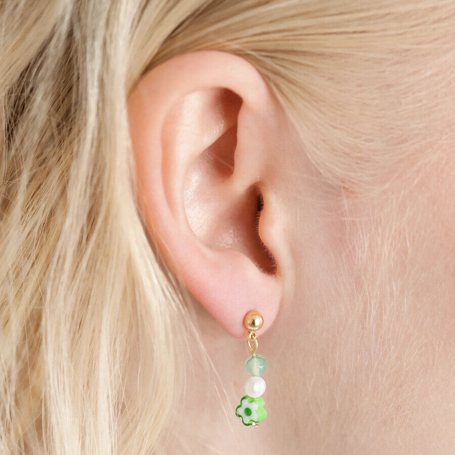 Millefiori green flower bead shop drop earrings