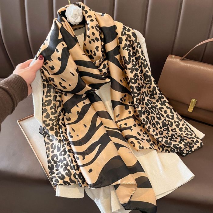 Leopard print satin scarf in Taupe