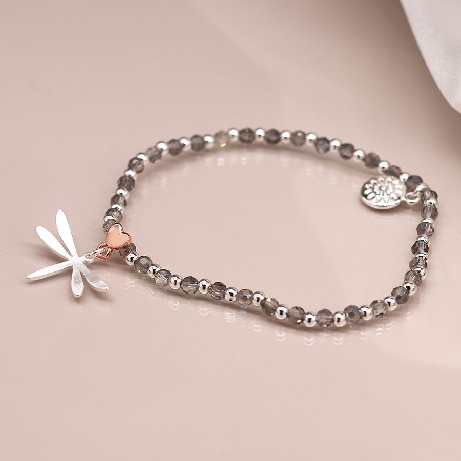 Crystal bead silver plated dragonfly heart bracelet