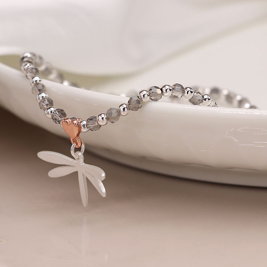 Crystal bead silver plated dragonfly heart bracelet