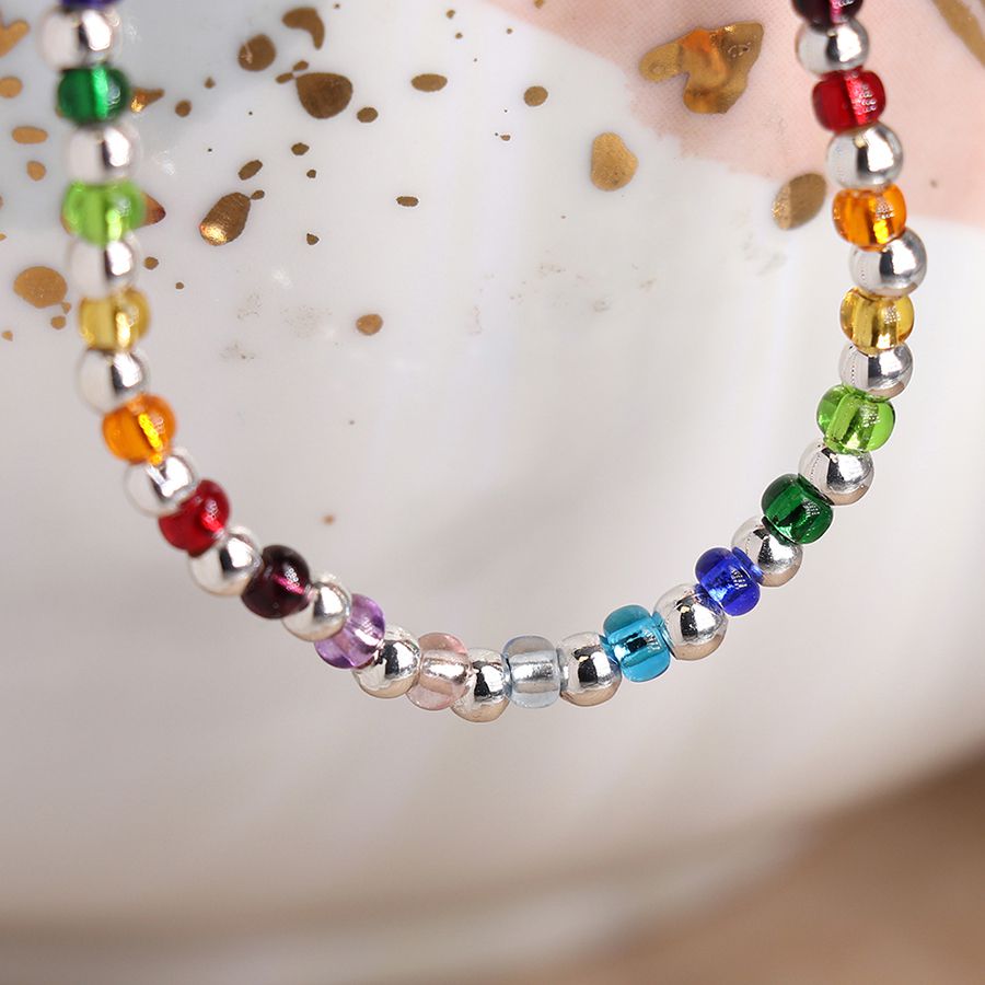 Silver plated and rainbow glass bead bracelet