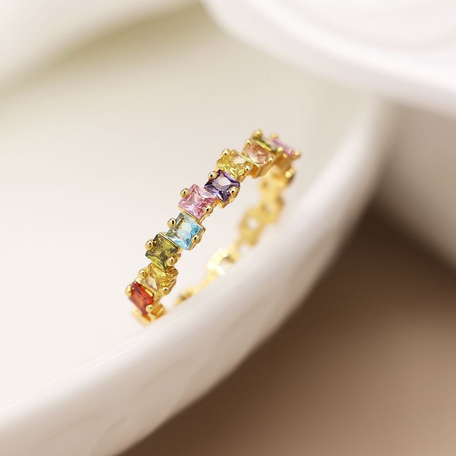 Gold plated square rainbow crystals ring Sm/Med