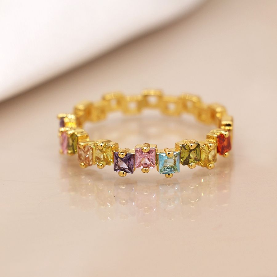 Gold plated square rainbow crystals ring Med/Lge