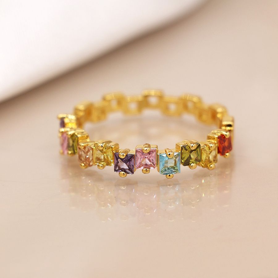 Gold plated square rainbow crystals ring Sm/Med