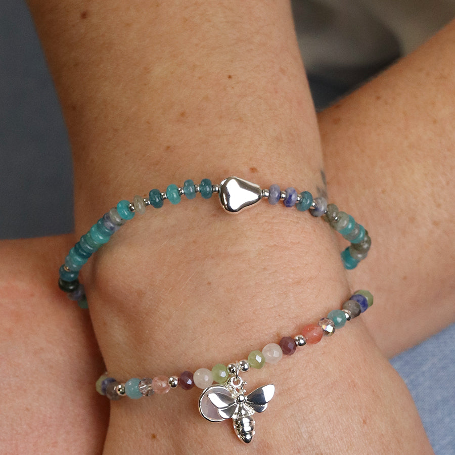 Blue mix bead bracelet with silver plated pebble