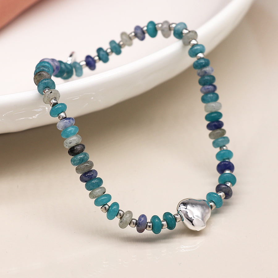 Blue mix bead bracelet with silver plated pebble