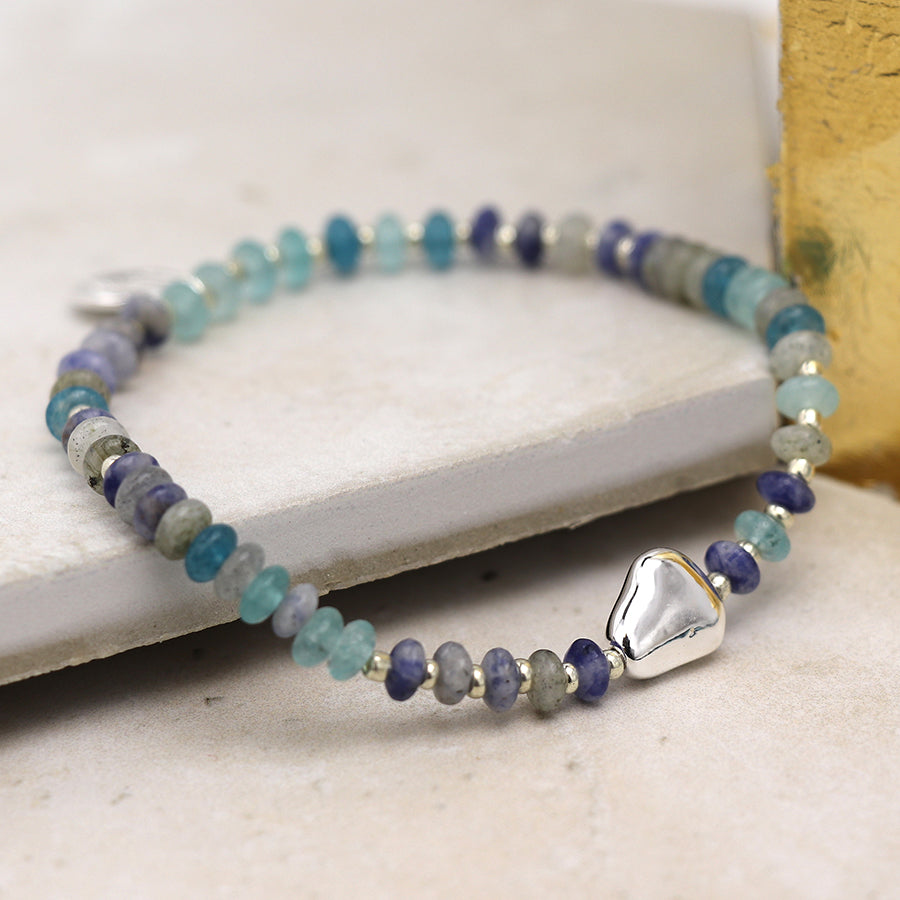 Blue mix bead bracelet with silver plated pebble