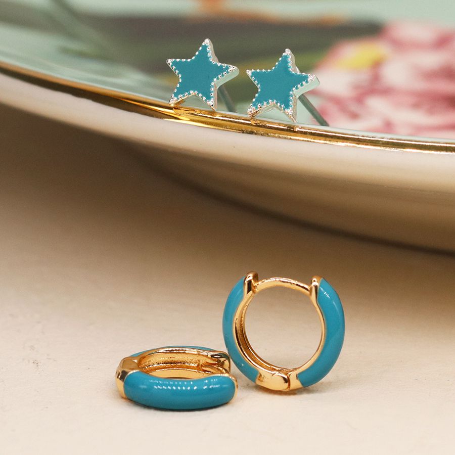 Golden and teal enamel hoop and star earring duo