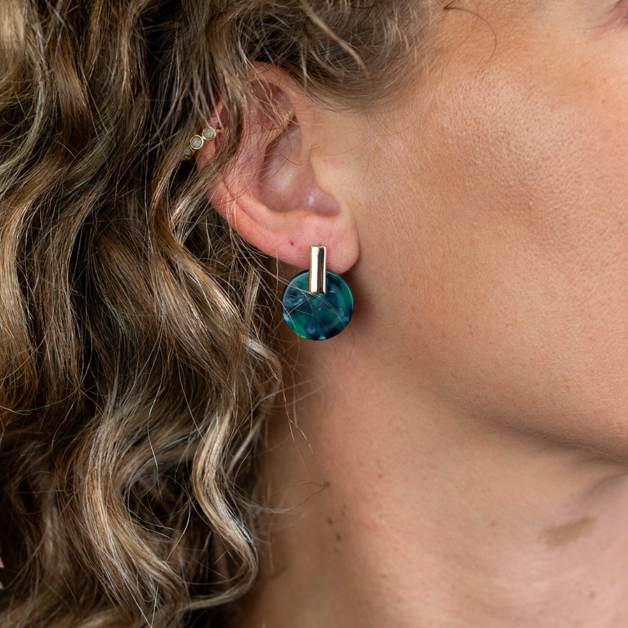 Malachite green resin disc earrings with golden top