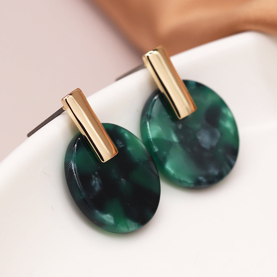 Malachite green resin disc earrings with golden top