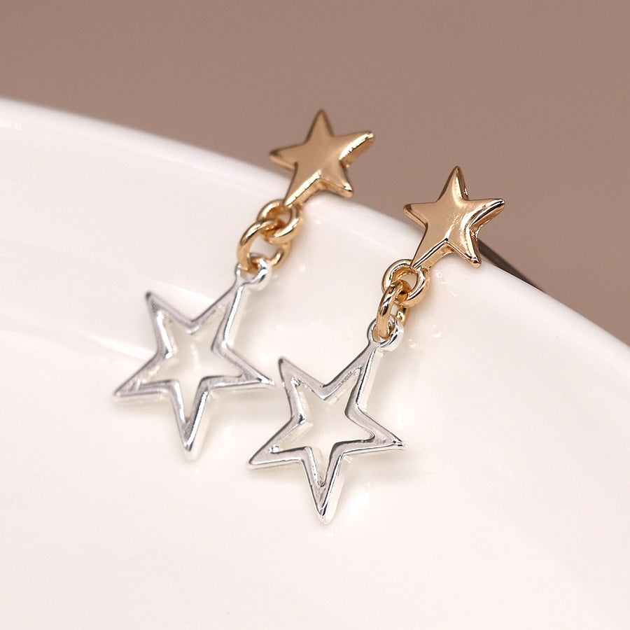 Silver and faux gold plated double star stud earrings