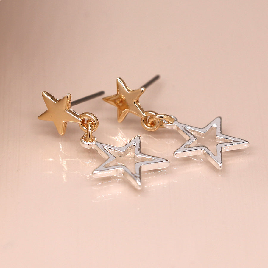 Silver and faux gold plated double star stud earrings