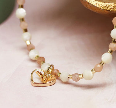 Semi precious pink mix bead bracelet with heart and bee charm