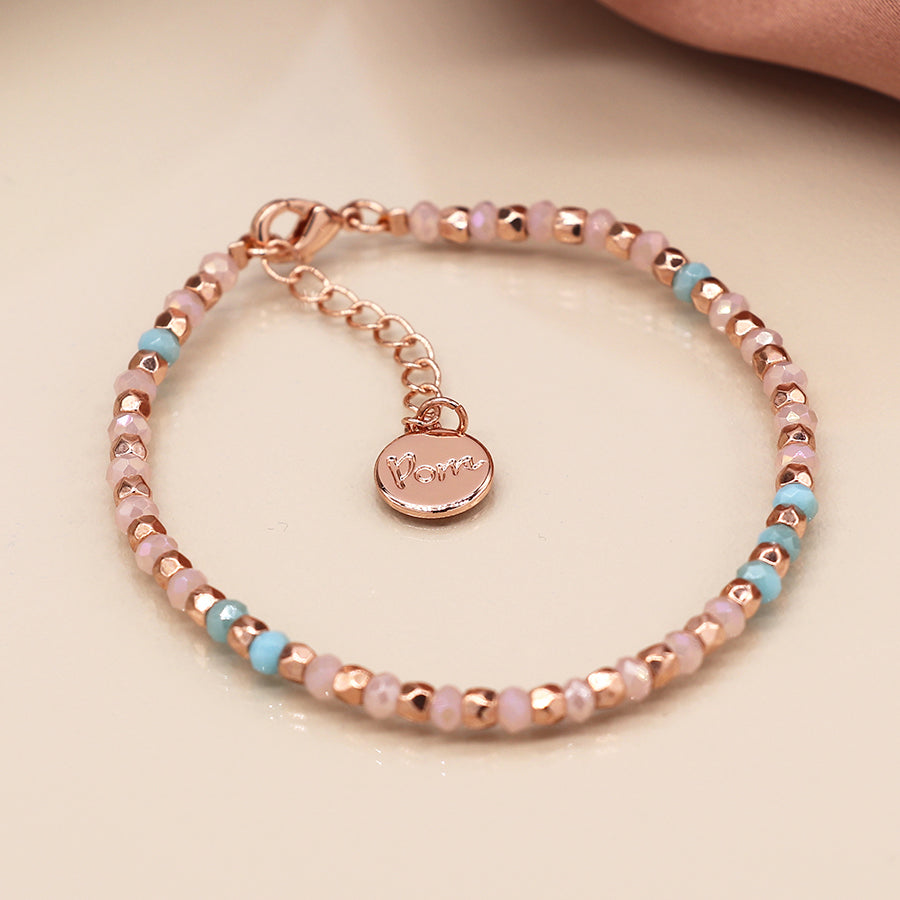 Lilac aqua and rose gold faceted bead bracelet
