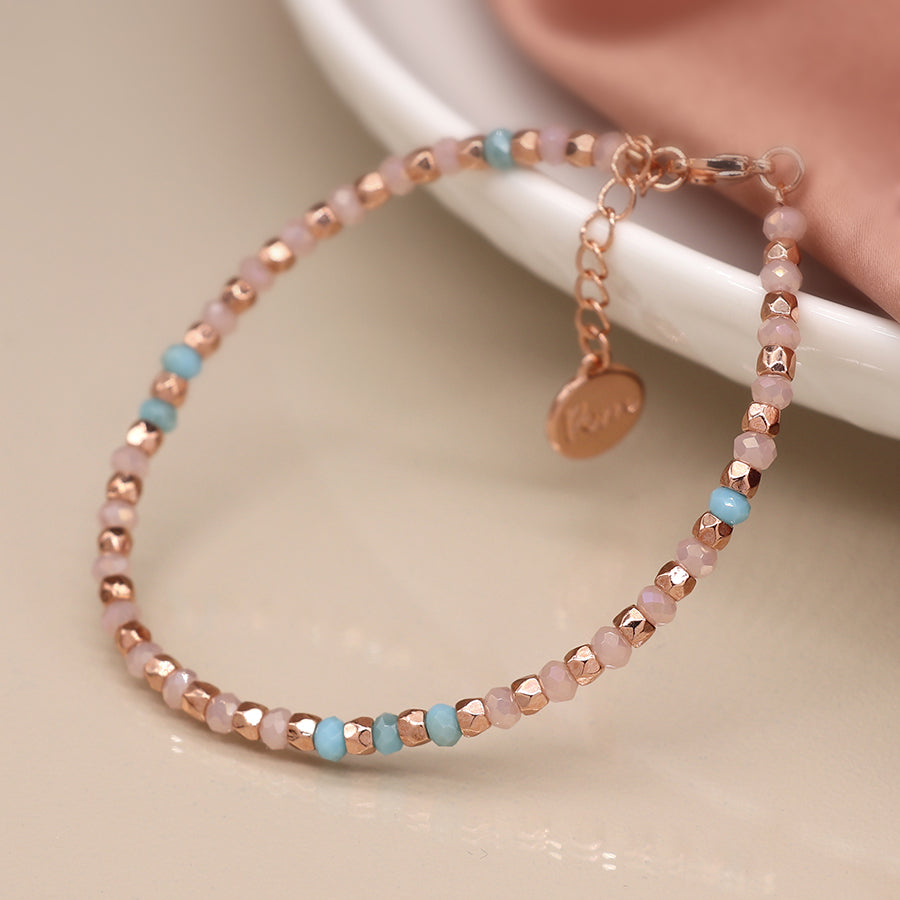 Lilac aqua and rose gold faceted bead bracelet