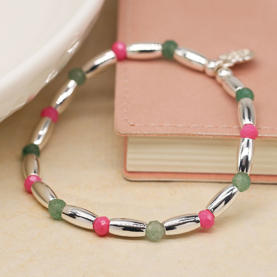 Silver plated oval, pink and green bead bracelet