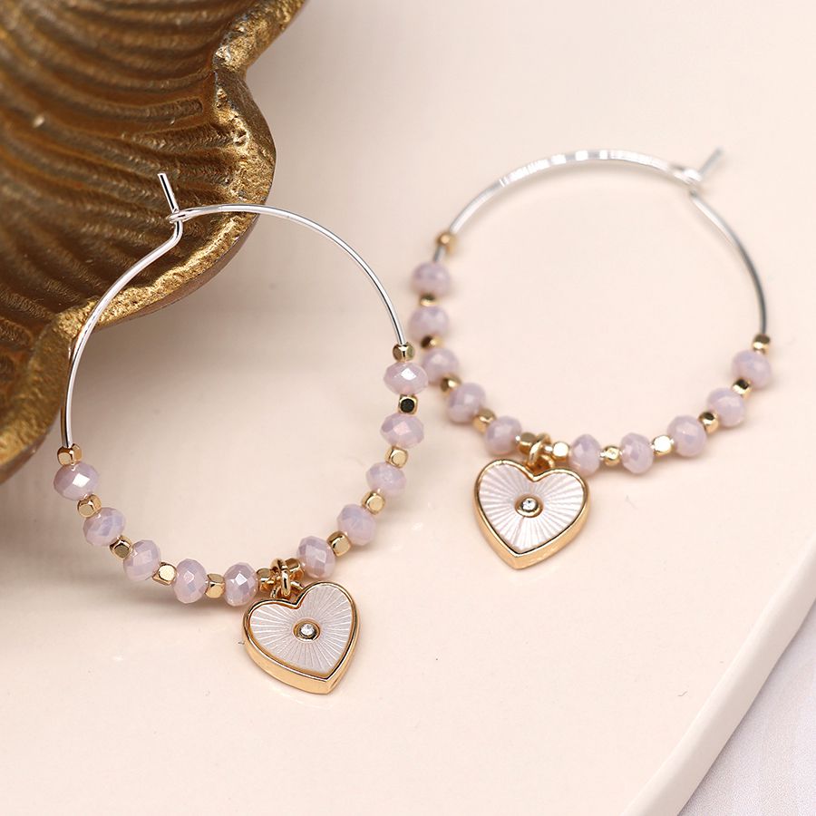 Silver plated wire hoop, pink bead and shell heart earrings