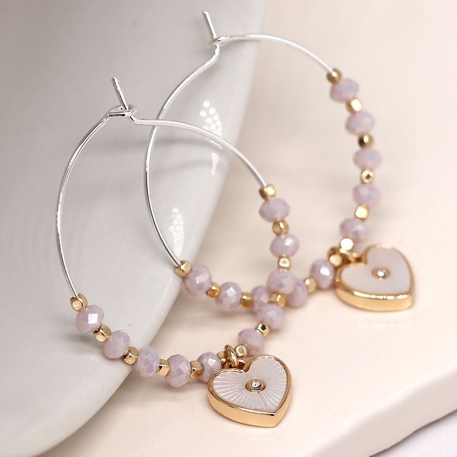 Silver plated wire hoop, pink bead and shell heart earrings