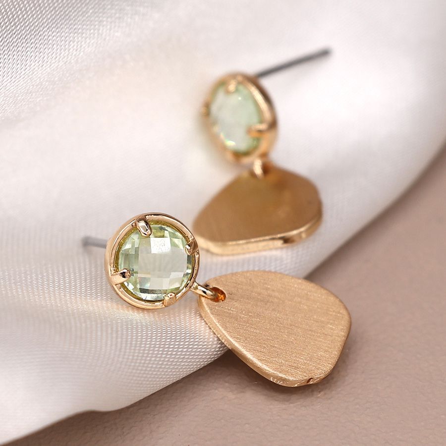 Golden brushed organic drop and aqua crystal earrings