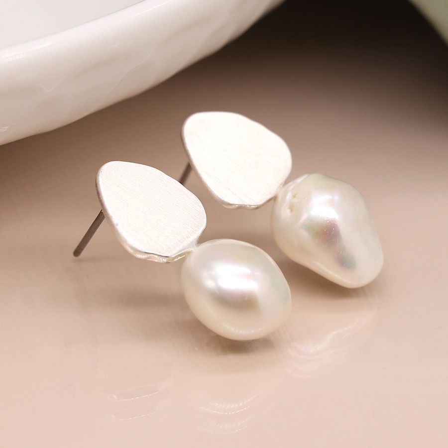 Silver plated brushed teardrop and pearl earrings