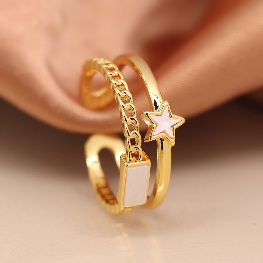 Gold plated shell star and rectangle adjustable ring