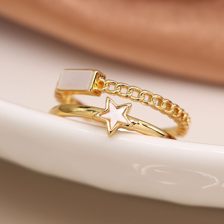 Gold plated shell star and rectangle adjustable ring