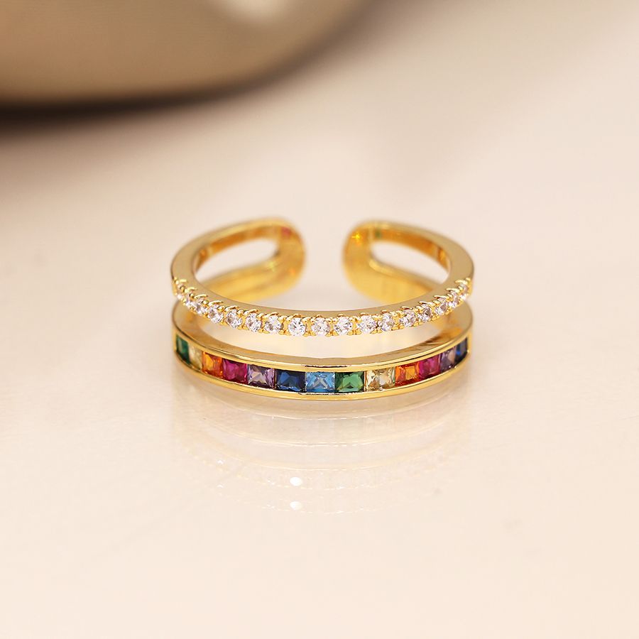 Gold plated double layer adjustable rainbow crystals ring – sml/med