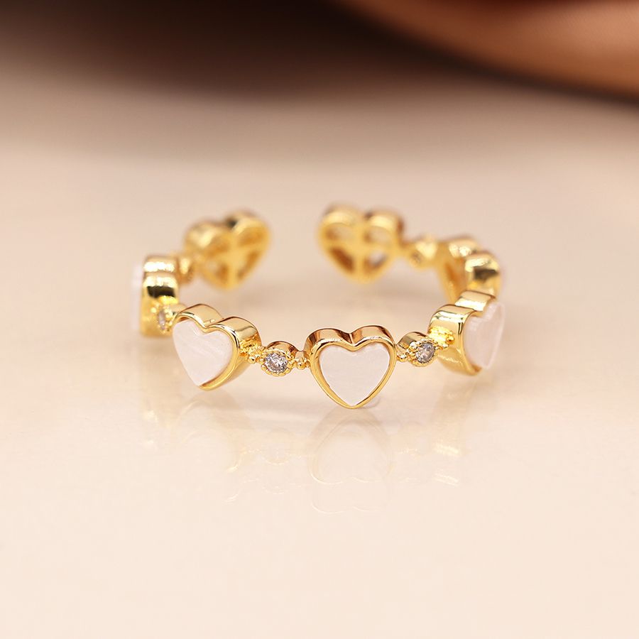 Gold plated shell inset hearts and crystals ring – med/lge