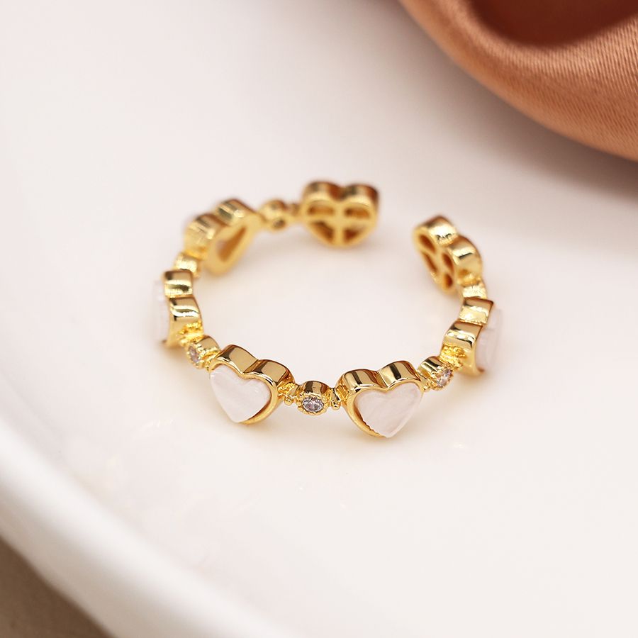 Gold plated shell inset hearts and crystals ring – med/lge