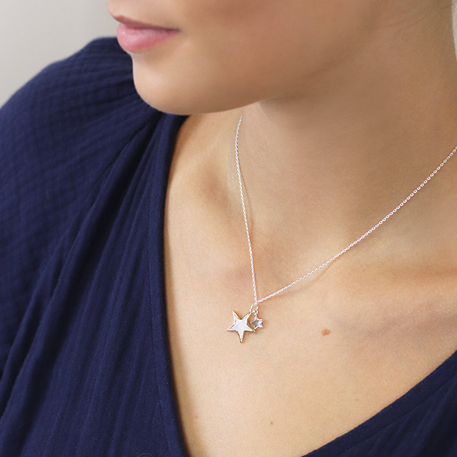 Faux gold and silver plated double star necklace with shell inlay