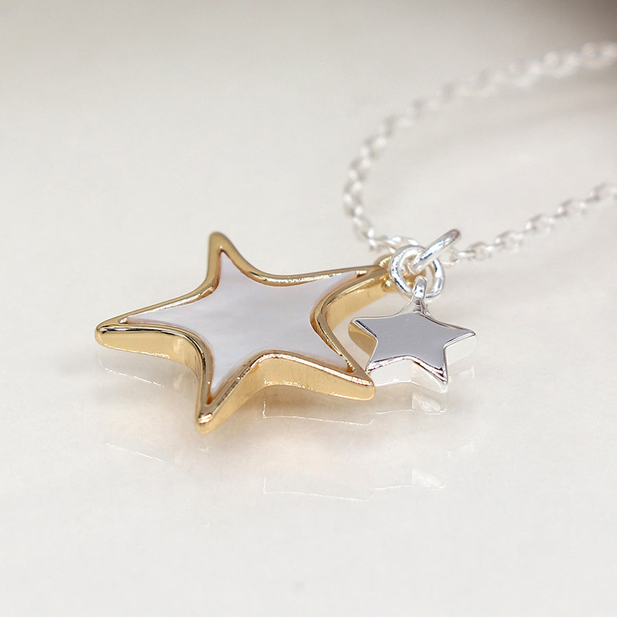 Faux gold and silver plated double star necklace with shell inlay
