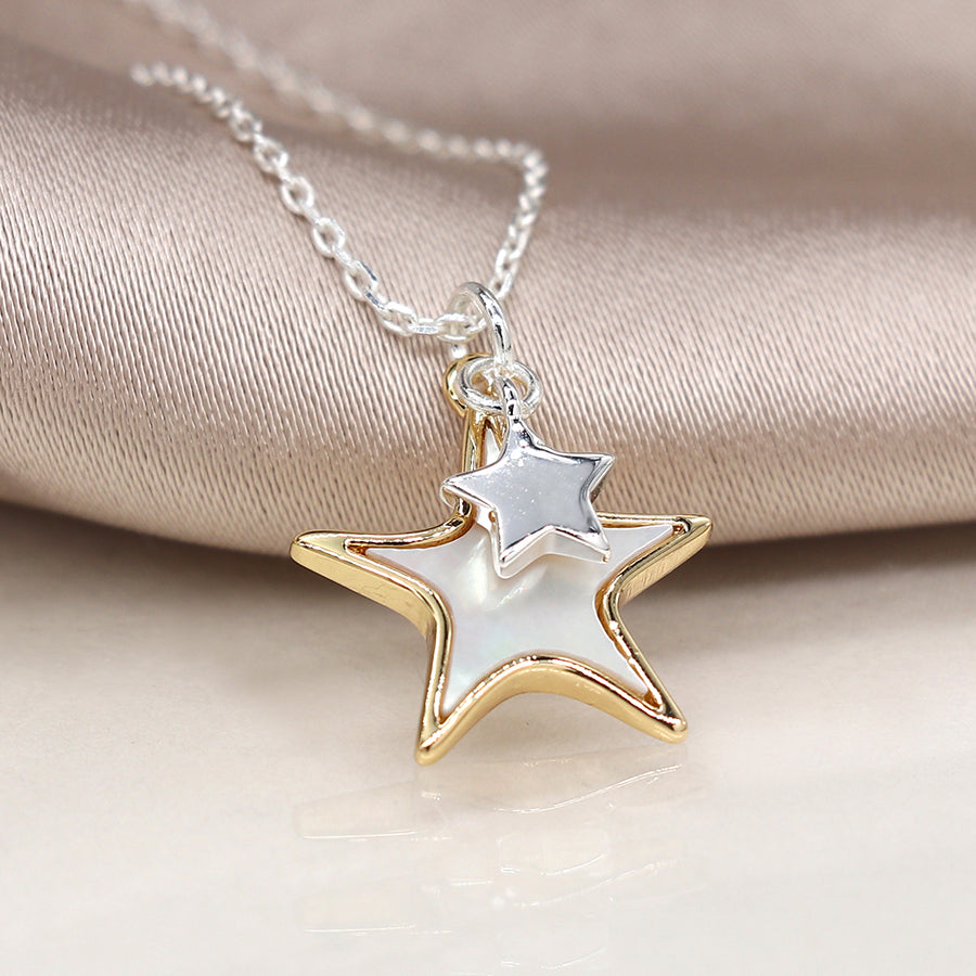 Faux gold and silver plated double star necklace with shell inlay