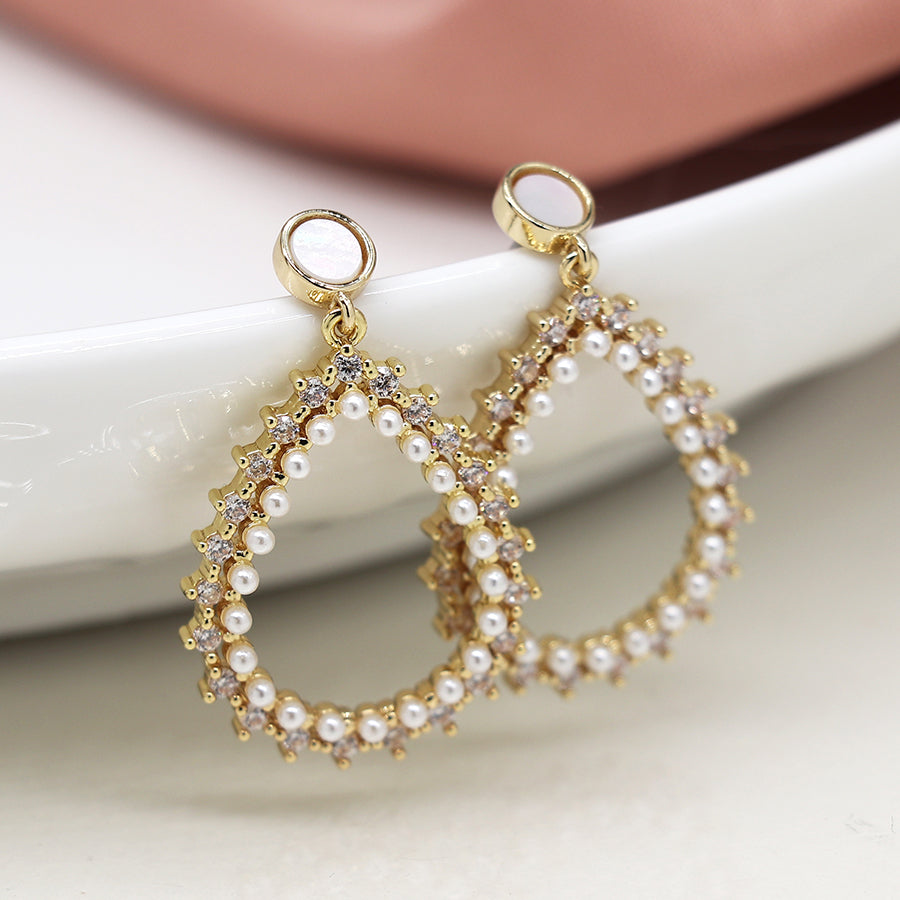 Faux gold,pearl and crystal teardrop and shell circle stud earrings