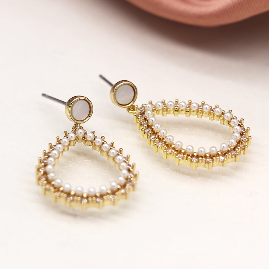 Faux gold,pearl and crystal teardrop and shell circle stud earrings